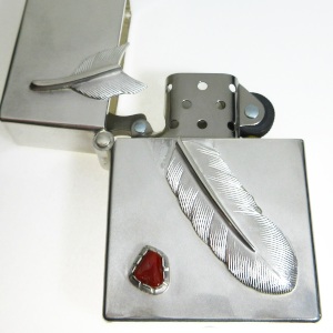 天然血赤珊瑚とホワイトフェザーの叩き出しオリジナルジッポケース2ｍｍ
